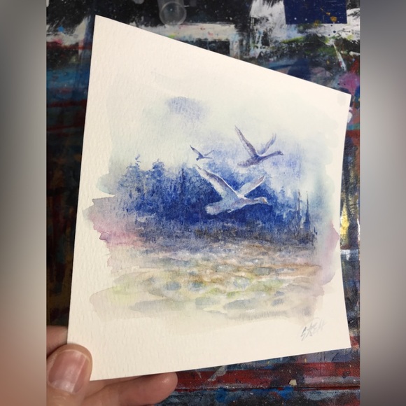 Artettina Other - Original Swan Painting Watercolor Art Bird Landscape Small Artwork cottage core